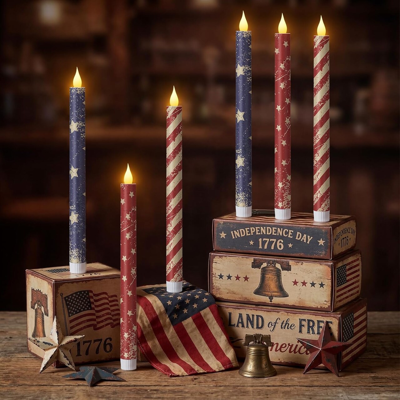 6 Pcs 4th of July Taper Candles - 10.6 Inch Patriotic Flameless Candles - Battery Operated Red White and Blue LED Candlesticks with Realistic 3D Flicker - American Flag Decor for Independence Day Table & Mantel